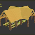 Traditional Pavilion With Yellow Roof Red Brick Pillars And Wooden Benches