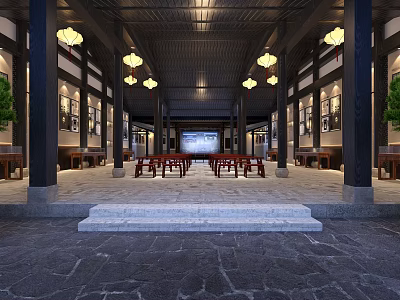 Traditional Chinese Hotel Lobby Interior Design With Hanging Lanterns Stone Steps And Wooden Columns 3d model