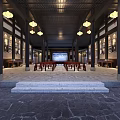 Traditional Chinese Hotel Lobby Interior Design With Hanging Lanterns Stone Steps And Wooden Columns