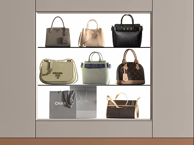 Stylish Handbags Collection On Display Shelves With Various Styles Colors And Designs 3d model