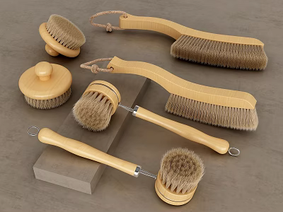 Wooden Bathroom Cleaning Brushes Set with Natural Bristles and Ergonomic Handles 3d model