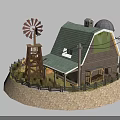Traditional Farm Barn With Red Silo Windmill And Hay Bales Tractor
