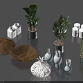 Stylish Household Items Including Green Plants Planters Woven Baskets White Vases And Candles