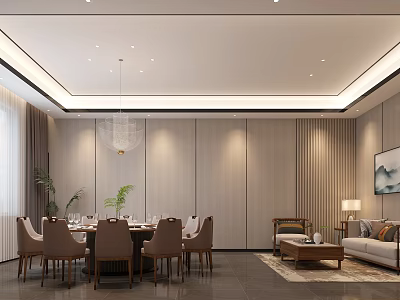 Luxury Private Dining Box Interior with Dining Table Chairs Sofa Chandelier and Plants 3d model