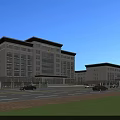 Modern Office Building With Glass Curtain Wall Surrounding Buildings Parking Lot And Green Lawn