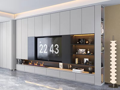 Modern Light Gray TV Wall Cabinet With Storage Shelves And Decorative Display Items 3d model
