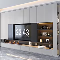 Modern Light Gray TV Wall Cabinet With Storage Shelves And Decorative Display Items