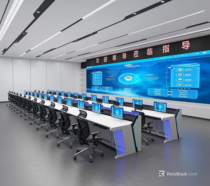 Modern Monitoring Room Featuring Multiple Computer Monitors Long Desks Ergonomic Chairs Large Screen System 3d model 