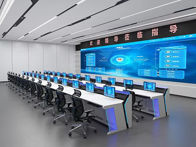 Modern Monitoring Room Featuring Multiple Computer Monitors Long Desks Ergonomic Chairs Large Screen System 3d model