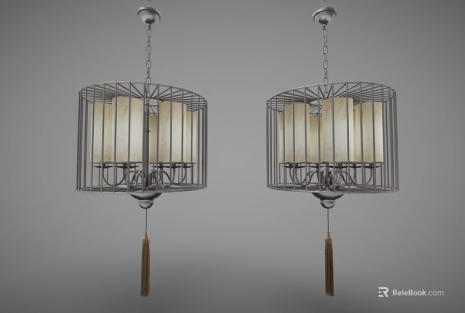 Modern Cage Shaped Chandeliers With Metal Frame White Lampshades And Tassel Decorations 3d model 