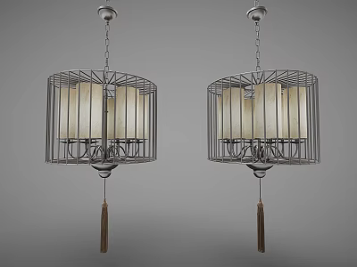 Modern Cage Shaped Chandeliers With Metal Frame White Lampshades And Tassel Decorations 3d model
