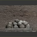 Wooden Plank And Stone Display With Decorative Stone Balls On Tiled Floor