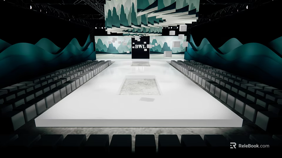 Fashion Show Runway Venue With White Stage Green Wave Backdrop And Audience Seats 3d model 