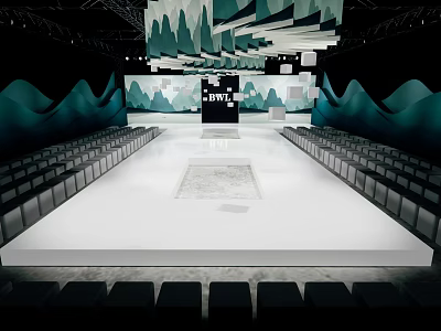 Fashion Show Runway Venue With White Stage Green Wave Backdrop And Audience Seats 3d model
