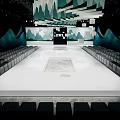 Fashion Show Runway Venue With White Stage Green Wave Backdrop And Audience Seats
