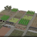 Rural Landscape With Organized Grid Like Vegetable Planting Beds Wooden Fence Paths And Benches