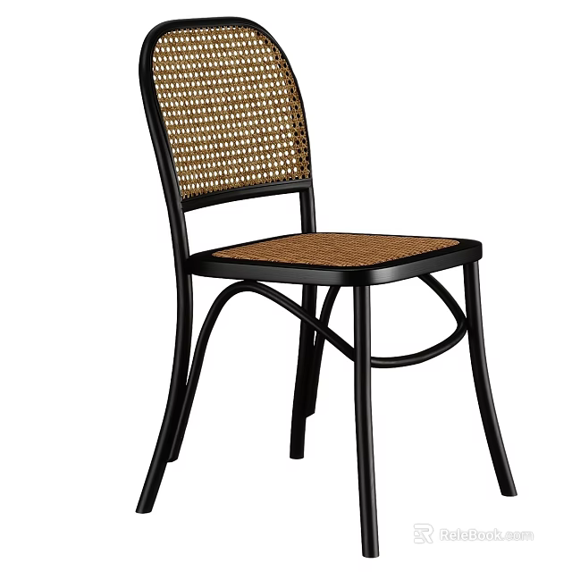 Stylish Retro Black Metal Frame Rattan Woven Dining Chair For Home Dining Room And Cafe 3d model 