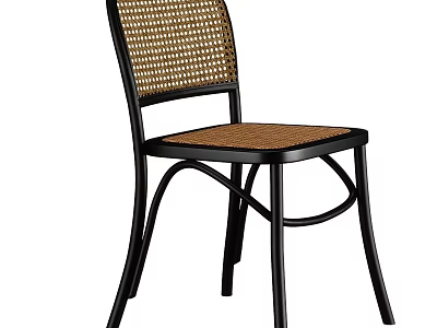 Stylish Retro Black Metal Frame Rattan Woven Dining Chair For Home Dining Room And Cafe 3d model