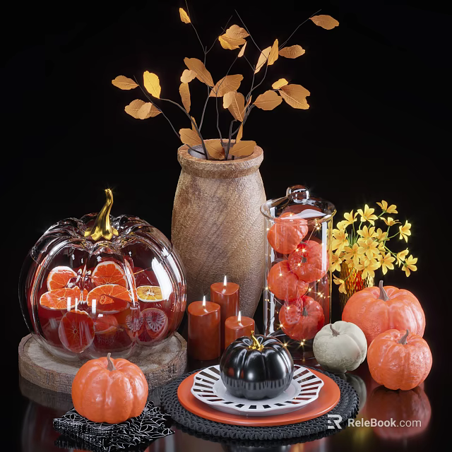 Decorative Ornament Set With Pumpkin Shaped Candle Holders Glass Jars Wooden Vase And Yellow Leaves 3d model 