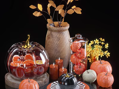 Decorative Ornament Set With Pumpkin Shaped Candle Holders Glass Jars Wooden Vase And Yellow Leaves 3d model