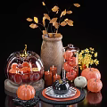 Decorative Ornament Set With Pumpkin Shaped Candle Holders Glass Jars Wooden Vase And Yellow Leaves