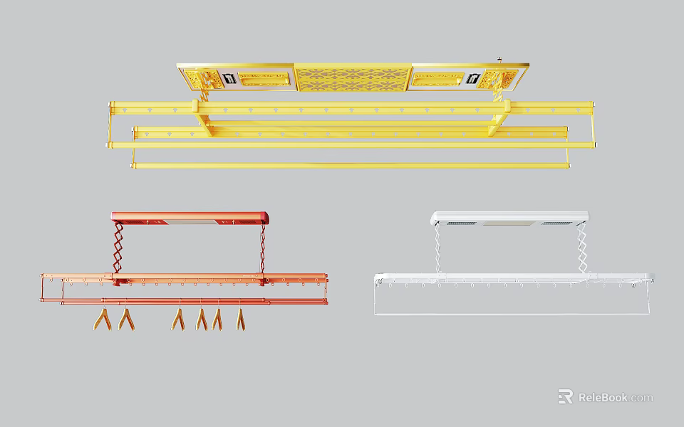 Gold Red White Ceiling Mounted Clothes Drying Racks With Multi Layer Design And LED Lights 3d model