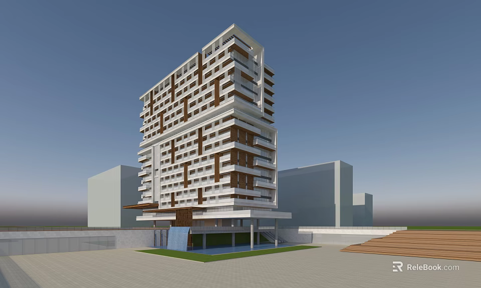 Modern High Rise Office Building With Geometric Facade And Landscaped Entrance 3d model 