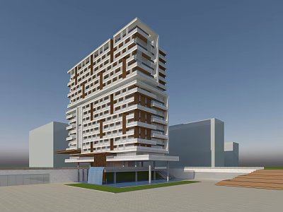 Modern High Rise Office Building With Geometric Facade And Landscaped Entrance 3d model