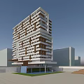 Modern High Rise Office Building With Geometric Facade And Landscaped Entrance