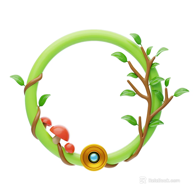 Green Circle Ornament With Branches Green Leaves Red Mushrooms And Golden Round Part 3d model 