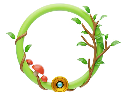 Green Circle Ornament With Branches Green Leaves Red Mushrooms And Golden Round Part 3d model
