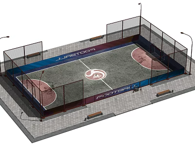 Soccer Field With Fenced Perimeter Lamp Posts Benches Asphalt Surface And Marked Lines 3d model