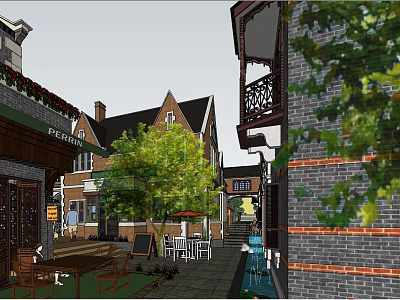 Traditional Commercial Street With Brick Architecture Green Plants And Outdoor Seating 3d model