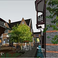 Traditional Commercial Street With Brick Architecture Green Plants And Outdoor Seating