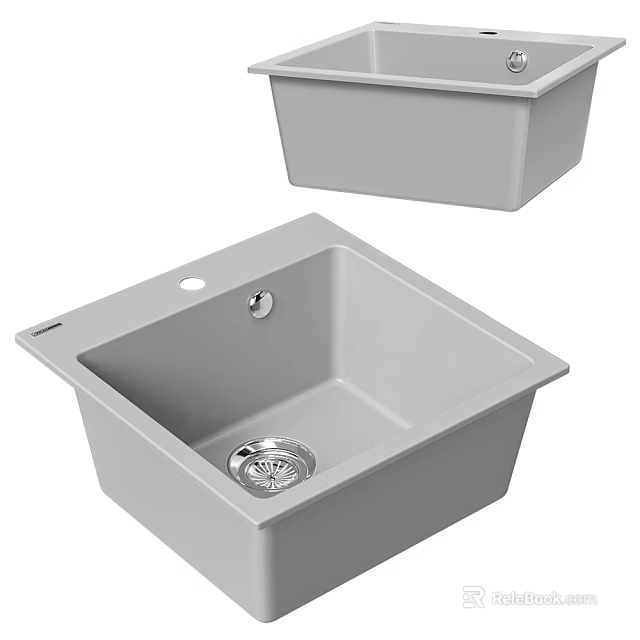 Square Gray Kitchen Sink With Drain And Overflow Hole Design 3d model