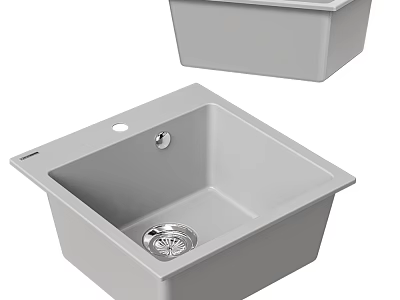 Square Gray Kitchen Sink With Drain And Overflow Hole Design 3d model