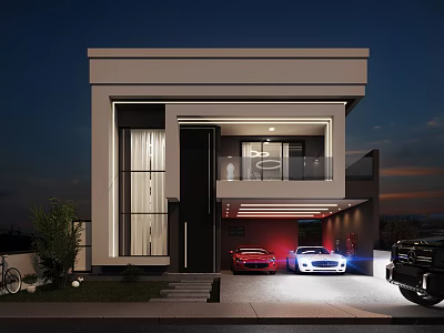 Modern Detached Villa Exterior Night View With Garage Cars Lighting And Steps 3d model