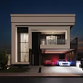 Modern Detached Villa Exterior Night View With Garage Cars Lighting And Steps
