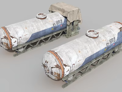 Two Rusty White Blue Striped Industrial Storage Tanks On Metal Frames With Canvas Cover 3d model
