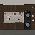 Modern Laundry Room Interior Design With Dark Wooden Cabinets Sink And Black Washing Machines