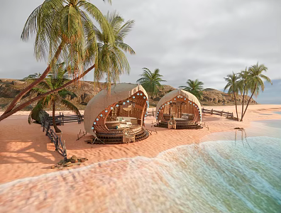 Modern Wooden House Beach Homestay Beach Wooden House Tourist Hotel Coconut Tree Palm Tree 3d model