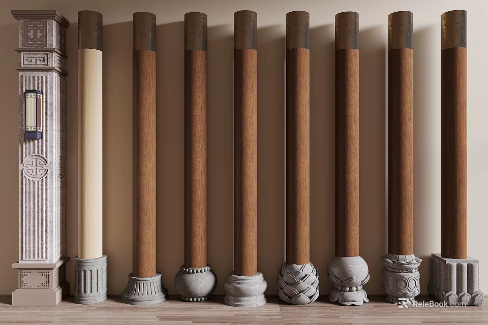Decorative Wooden Columns With Ornate Bases And Intricate Design Elements For Interior 3d model 