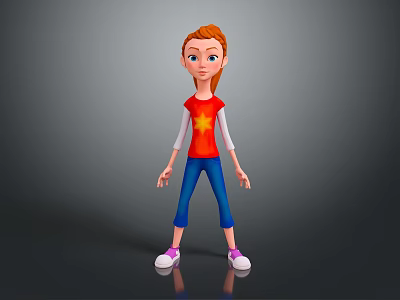 Animated 3D Game Character With Red Hair Red Star Shirt Blue Pants And Pink Shoes 3d model