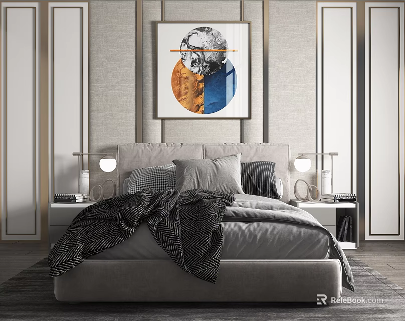 Modern Double Bed With Circular Wall Art Bedside Tables And Table Lamps 3d model 