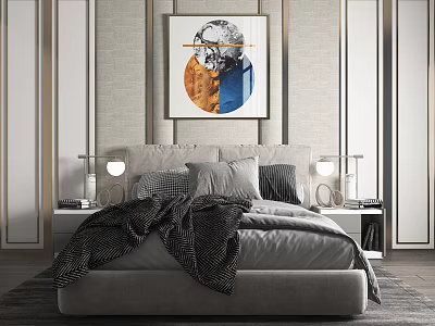 Modern Double Bed With Circular Wall Art Bedside Tables And Table Lamps 3d model