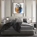 Modern Double Bed With Circular Wall Art Bedside Tables And Table Lamps