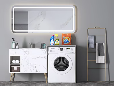 Modern Bathroom Sink With Marble Countertop Illuminated Mirror And Washing Machine Cleaning Supplies Towel Rack 3d model