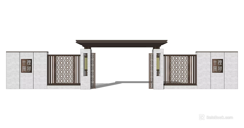 Modern Chinese Entrance Gate With Lattice Design Stone Pillars And Wooden Lintel 3d model 