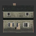 Two Story Wooden House With Stone Exterior Dark Green Roof White Windows And Chimney