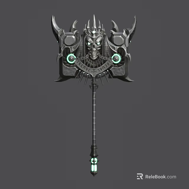 Intricate Metal Warhammer With Skull Decoration And Glowing Green Elements 3d model